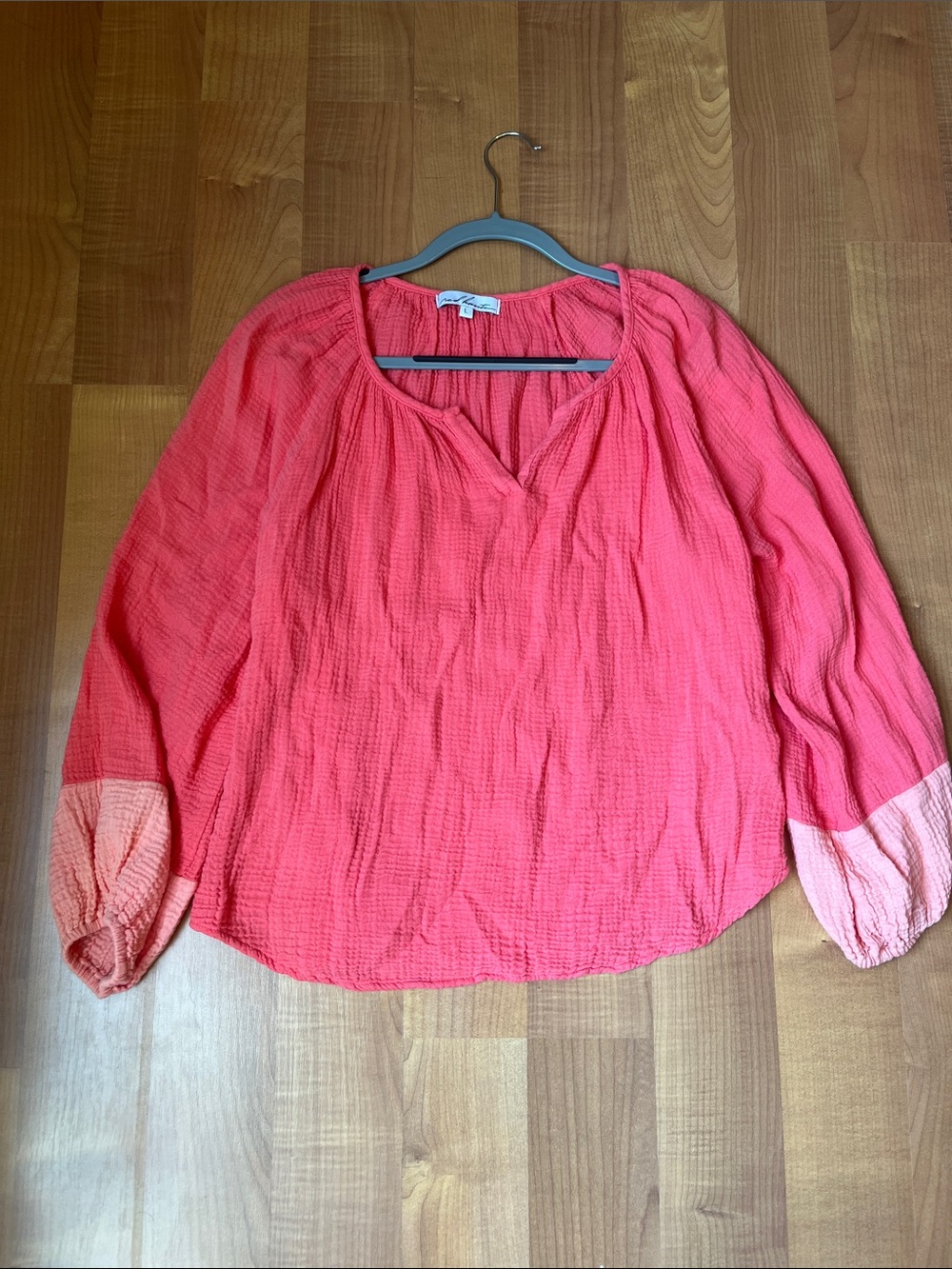 Red Haute Coral Peasant Blouse with Light Coral Cuff Detail